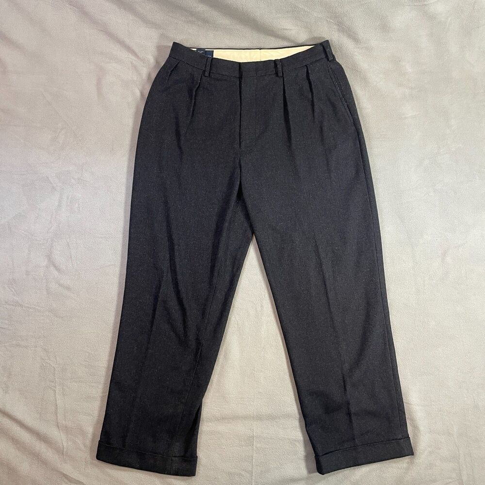 Polo Ralph Lauren Mens Dress Pants Size 34x30 Pleated Cuffed Navy Wool Blend